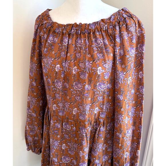 Xirena Lea Cottage Boho Brown Floral Dress Small Oversized Golden Silk Cotton - Picture 3 of 10